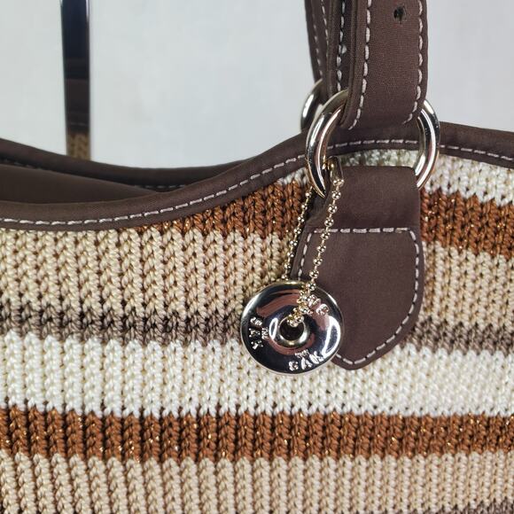 The SAK Beige Brown Stripe Crochet Shoulder Bag Purse Double Handle Satchel - Picture 5 of 16